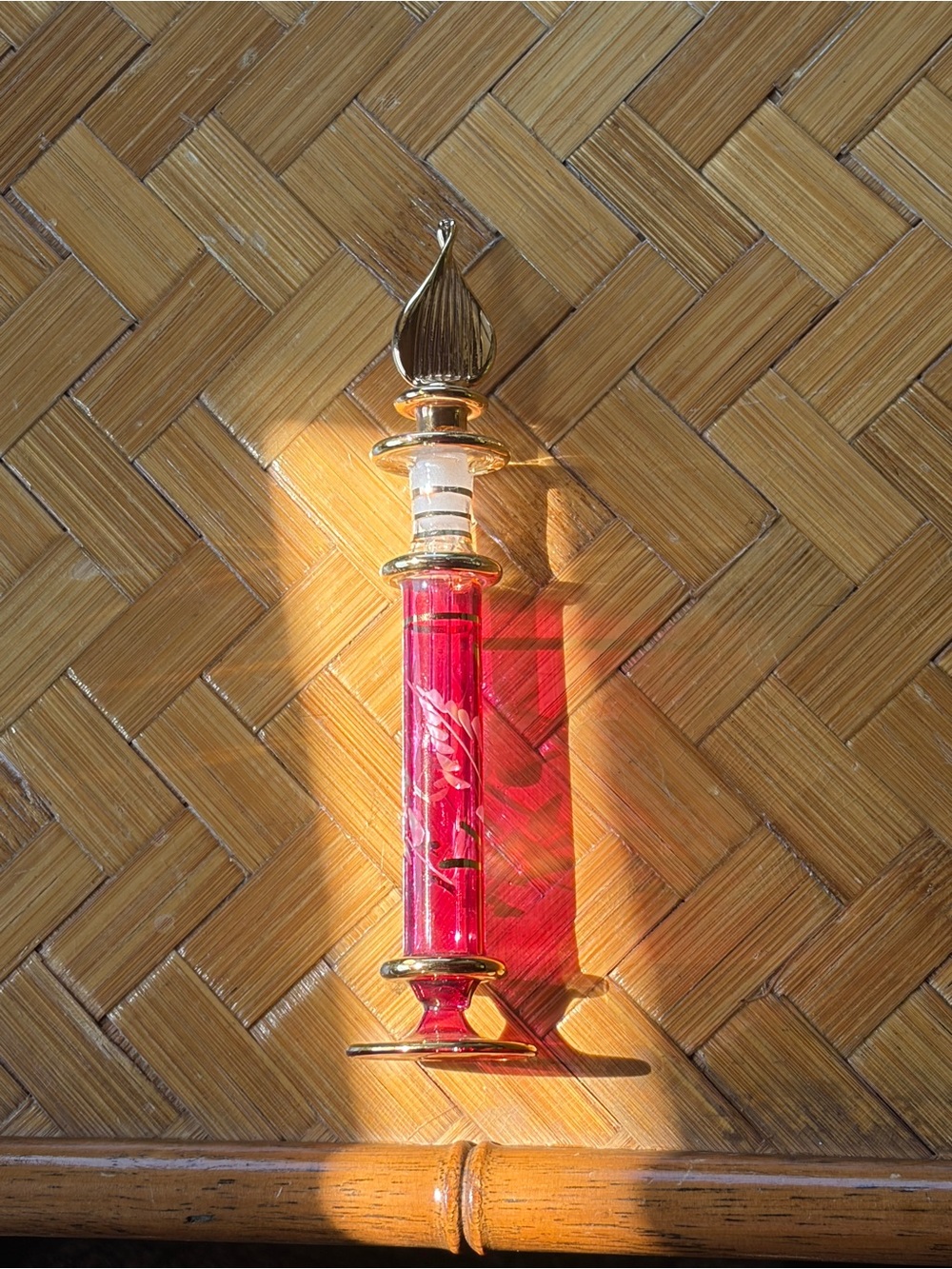 Vintage Ruby Red Glass Perfume Bottle Gold Trim Enamel Floral Stopper 6.25” - Picture 3 of 10